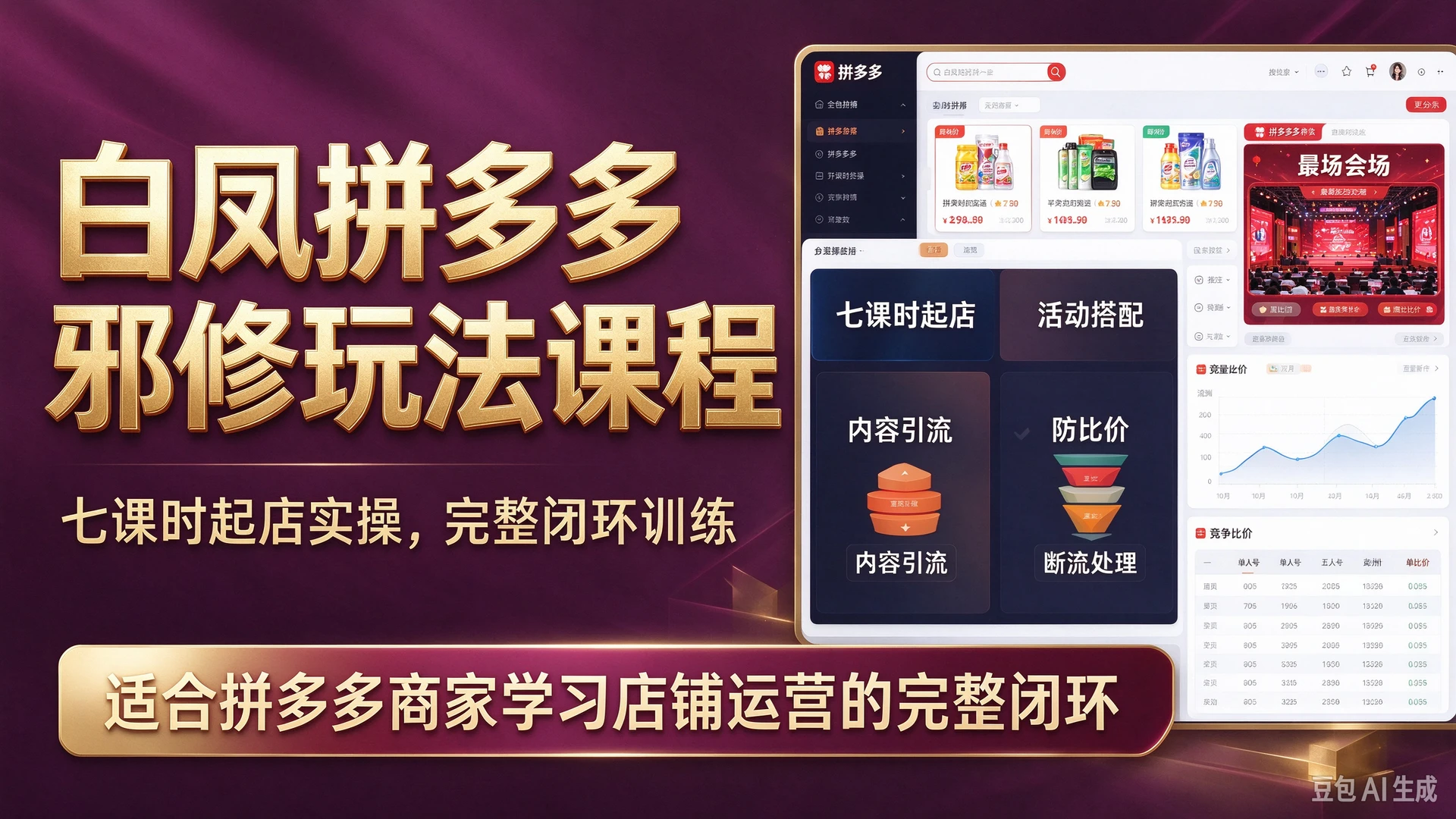 白凤拼多多邪修玩法课程,带你学习七课时起店实操、活动搭配与内容引流方法,掌握防比价与断流处理技巧,适合拼多多商家学习店铺运营的完整闭环-副业吧