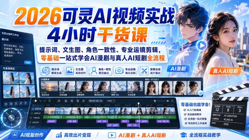 2026可灵AI视频实战4小时干货课｜提示词、文生图、角色一致性、专业运镜剪辑，零基础一站式学会AI漫剧与真人AI短剧全流程-副业吧