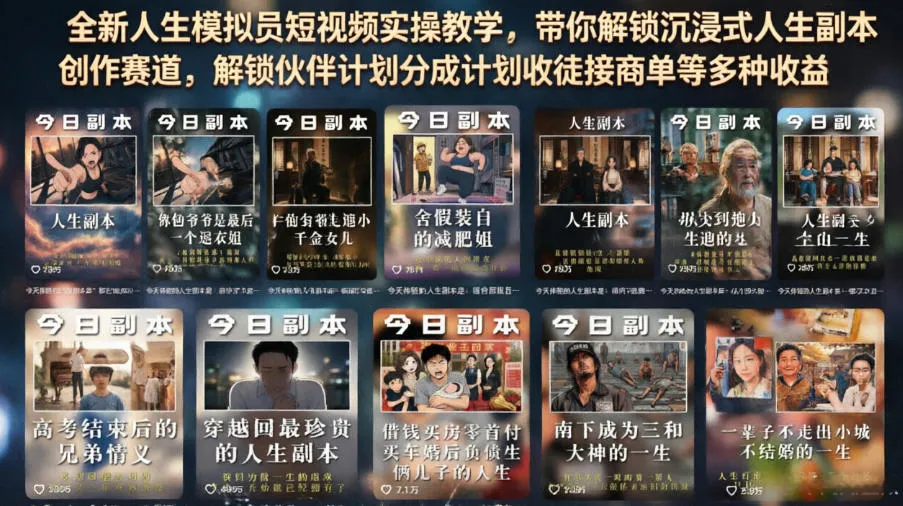 全新人生模拟员短视频实操教学，带你解锁沉浸式人生副本创作赛道，解锁伙伴计划分成计划收徒接商单等多种收益-副业吧