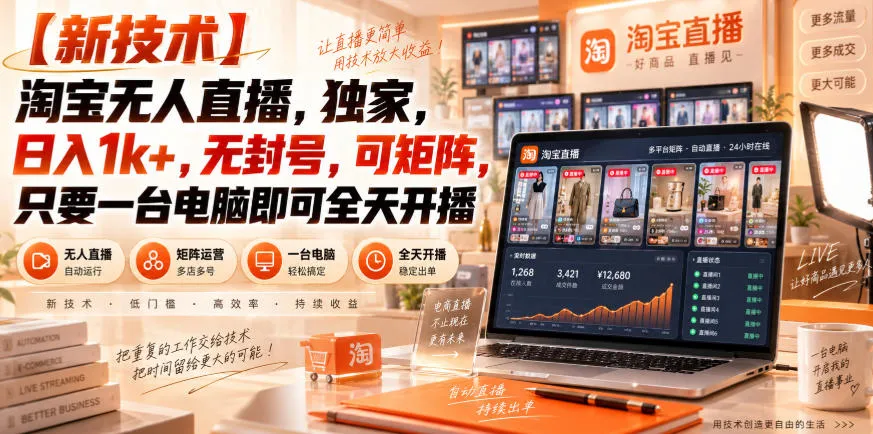 【独家新技术】淘宝无人直播，日入1k+，无封号，可矩阵，只要一台电脑即可全天开播【揭秘】-副业吧