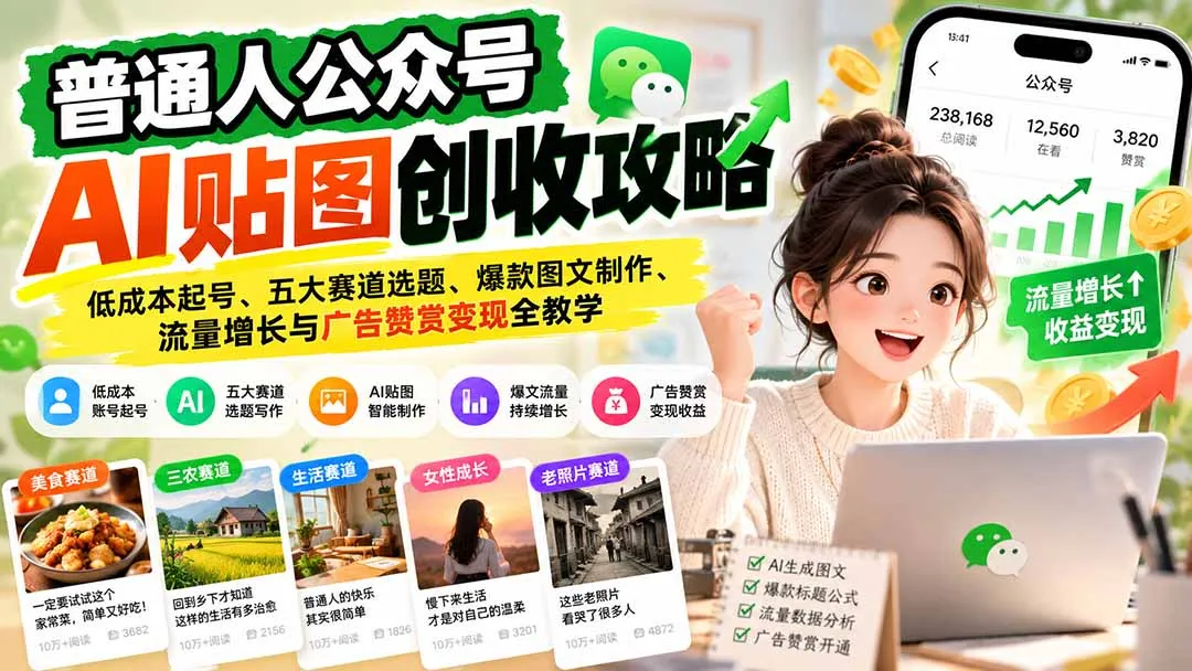 普通人公众号AI贴图创收攻略:低成本起号、五大赛道选题、爆款图文制作、流量增长与广告赞赏变现全教学-副业吧