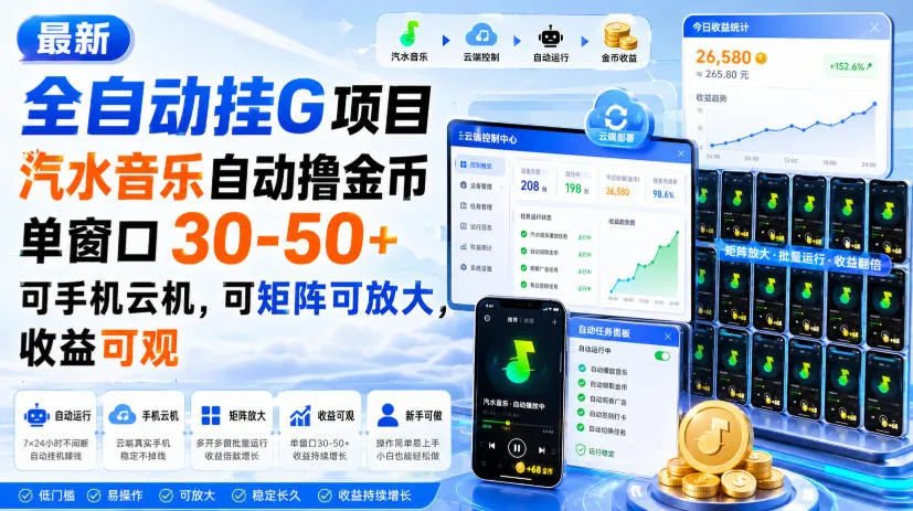 最新全自动挂G项目,汽水音乐自动撸金币单窗口30-50+,可手机云机,可矩阵可放大,收益可观-副业吧