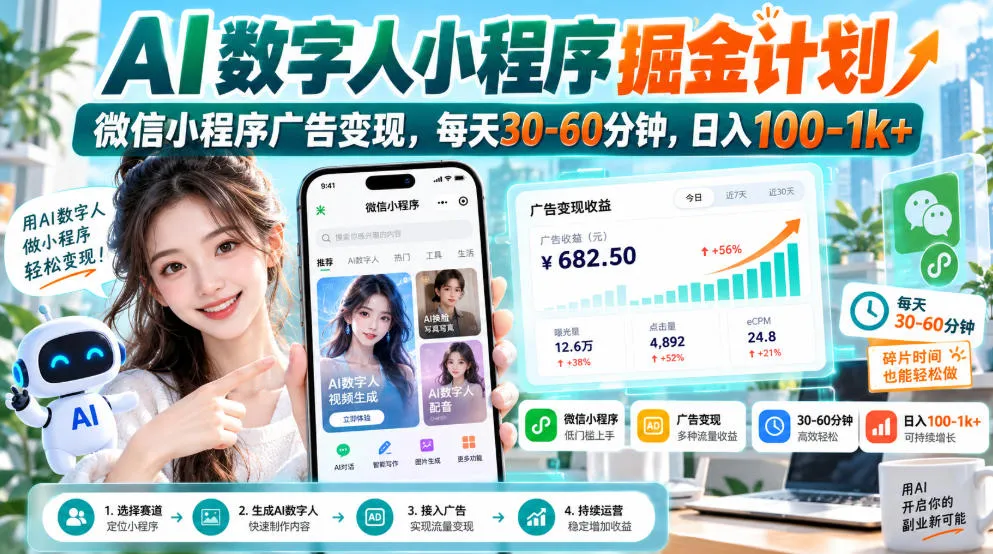 【无水印】AI数字人小程序掘金计划,微信小程序广告变现,每天30‑60分钟,日入100‑1k+-副业吧