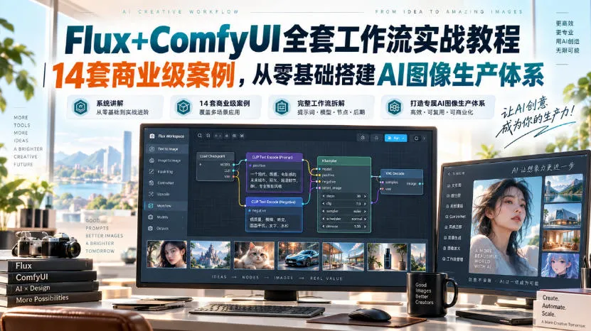 Flux+ComfyUI全套工作流实战教程|14套商业级案例,从零基础搭建AI图像生产体系-副业吧