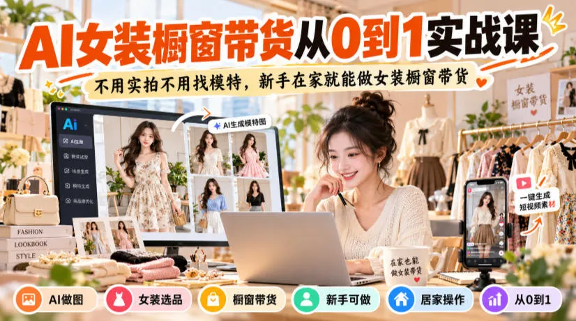 AI女装橱窗带货从0到1实战课，不用实拍不用找模特，新手在家就能做女装橱窗带货-副业吧