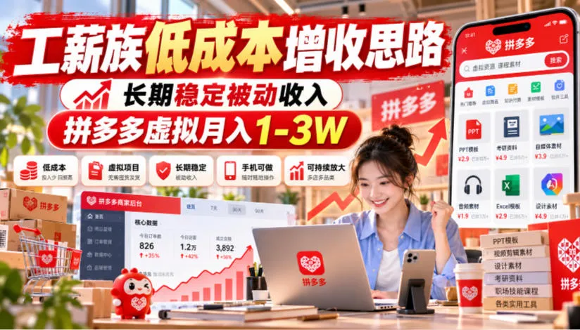工薪族低成本增收思路,长期稳定被动收入,拼多多虚拟月入1-3W-副业吧