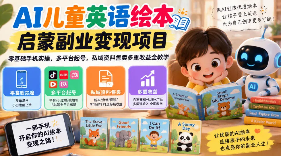 AI儿童英语绘本启蒙副业变现项目,零基础手机实操,多平台起号,私域资料售卖多重收益全教学-副业吧