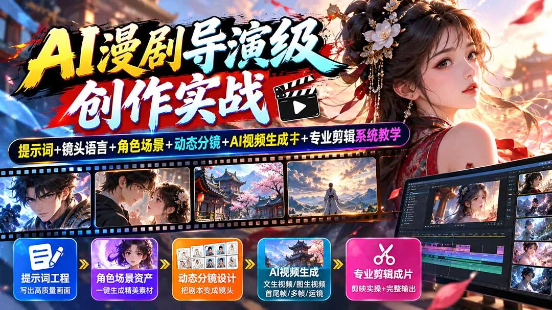 AI漫剧导演级创作实战:提示词+镜头语言+角色场景+动态分镜+AI视频生成+专业剪辑系统教学-副业吧