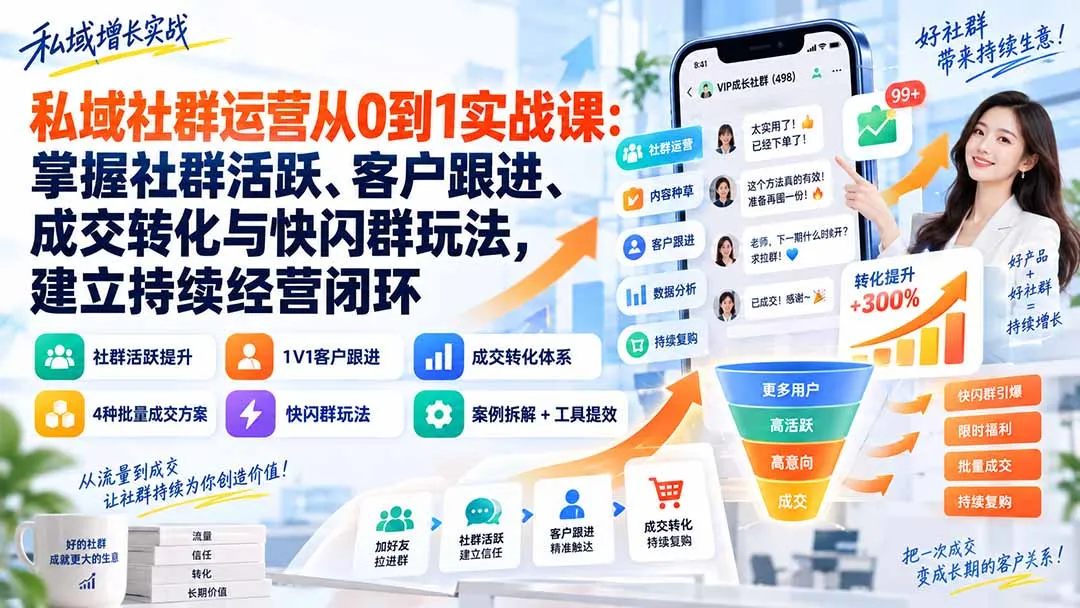 私域社群运营从0到1实战课：掌握社群活跃、客户跟进、成交转化与快闪群玩法，建立持续经营闭环-副业吧