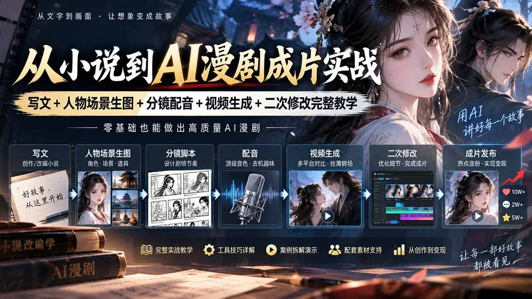 从小说到AI漫剧成片实战:写文+人物场景生图+分镜配音+视频生成+二次修改完整教学-副业吧