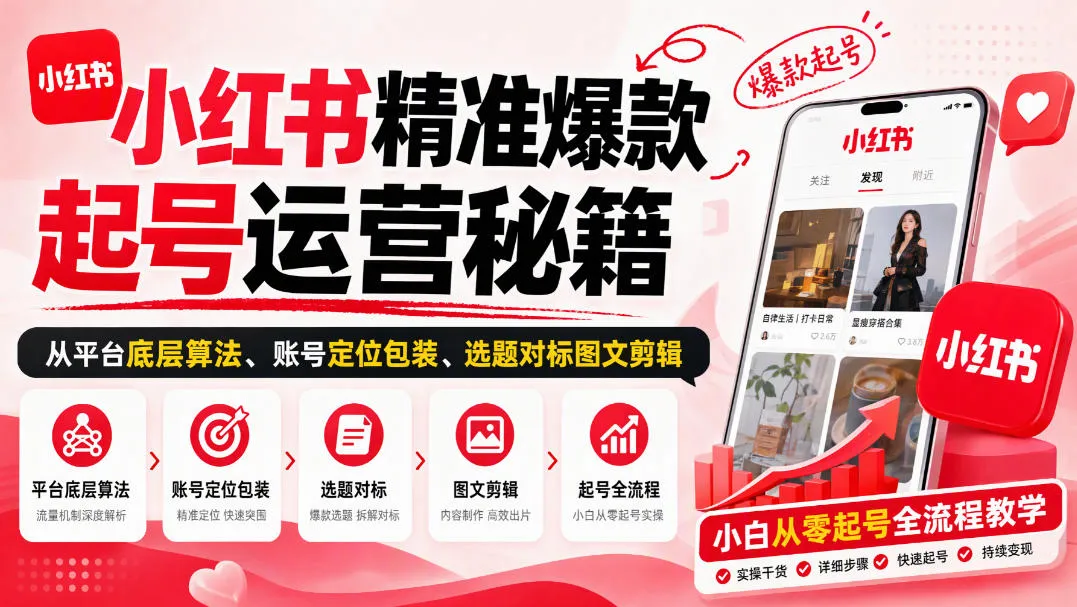 小红书精准爆款起号运营秘籍,从平台底层算法、账号定位包装、选题对标图文剪辑,小白从零起号全流程-副业吧