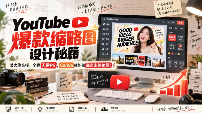 YouTube爆款缩略图设计秘籍，某油管大佬(610万订阅者)亲授，全程无需PS，Canva就能做高点击缩略图！【原创双语字幕】-副业吧