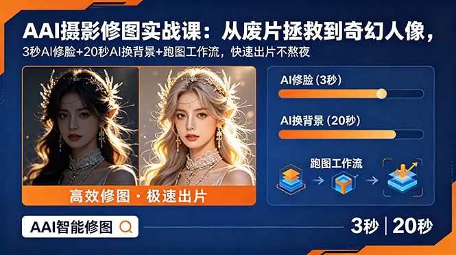 (18936期)AI摄影修图实战课:从废片拯救 到 奇幻人像,3秒AI修脸+20秒AI换背景+跑图工作流,快速出片不熬夜-副业吧