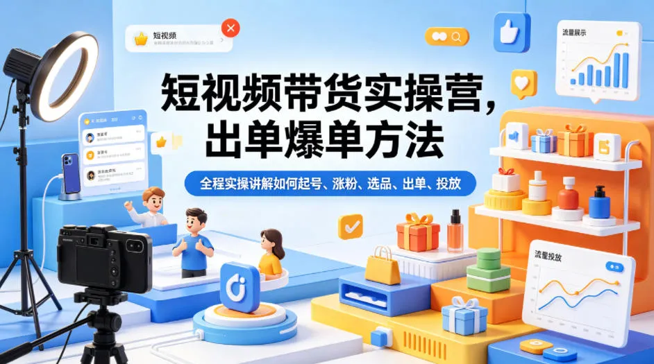 短视频带货实操营，出单爆单方法，全程实操讲解如何起号、涨粉、选品、出单、投放-副业吧