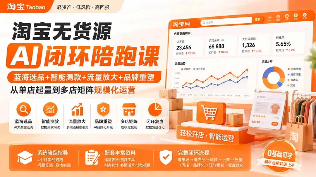 淘宝无货源AI闭环陪跑课：蓝海选品+智能测款+流量放大+品牌重塑，从单店起量到多店矩阵规模化运营-副业吧