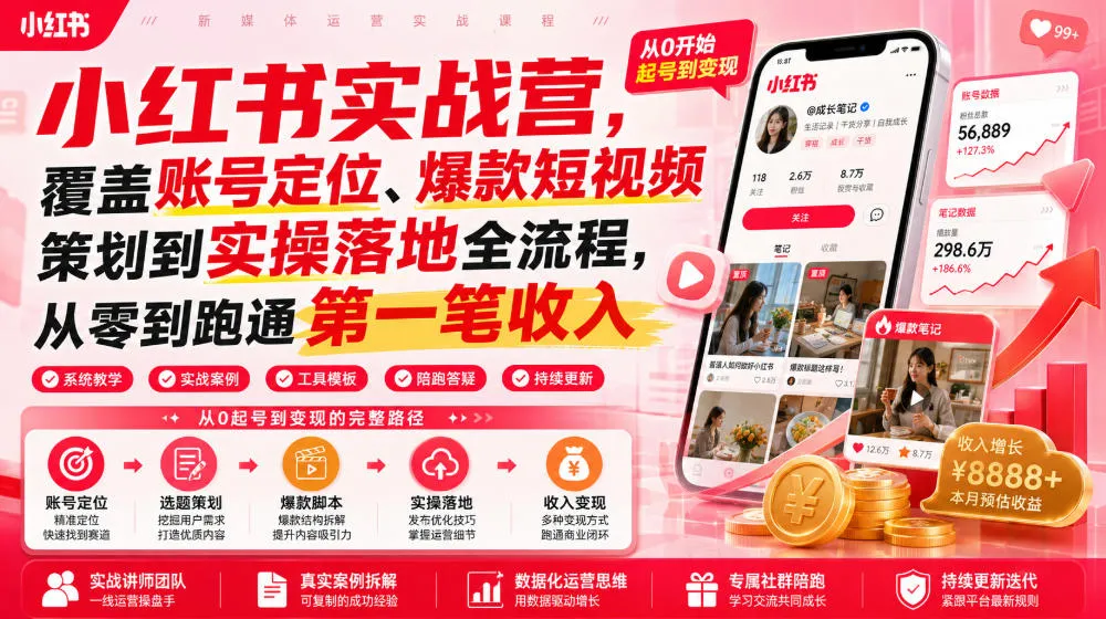 小红书实战营，覆盖账号定位、爆款短视频策划到实操落地全流程，从零到跑通第一笔收入-副业吧