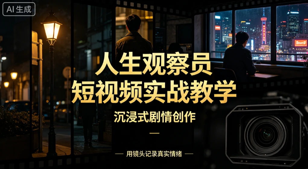 人生观察员短视频实战教学 沉浸式剧情创作 零基础打造爆款视频 接商单广告 独家精选分成收益-副业吧