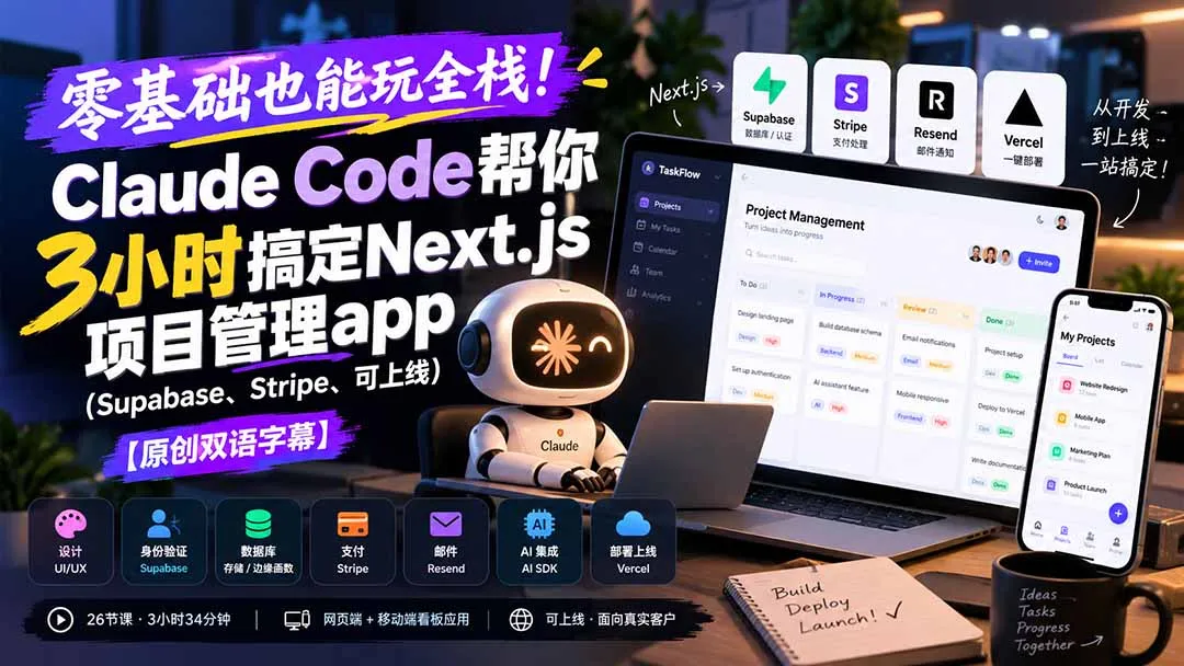 零基础也能玩全栈!Claude Code帮你3小时搞定Next.js项目管理app(Supabase、Stripe、可上线-副业吧