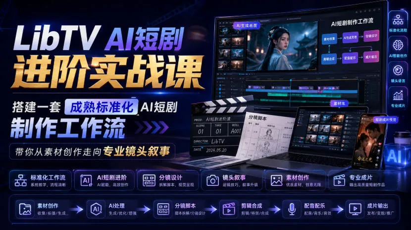 LibTV AI短剧进阶实战课,搭建一套成熟标准化AI短剧制作工作流,带你从素材创作走向专业镜头叙事-副业吧