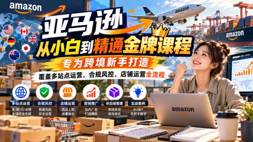 亚马逊从小白到精通金牌课程,专为跨境新手打造,覆盖多站点运营、合规风控、店铺运营全流程-副业吧