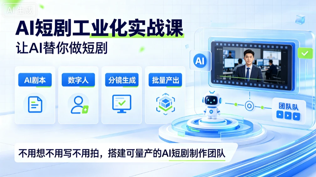 【精】AI短剧工业化实战课,让AI替你做短剧,不用想不用写不用拍,搭建可量产的AI短剧制作团队-副业吧