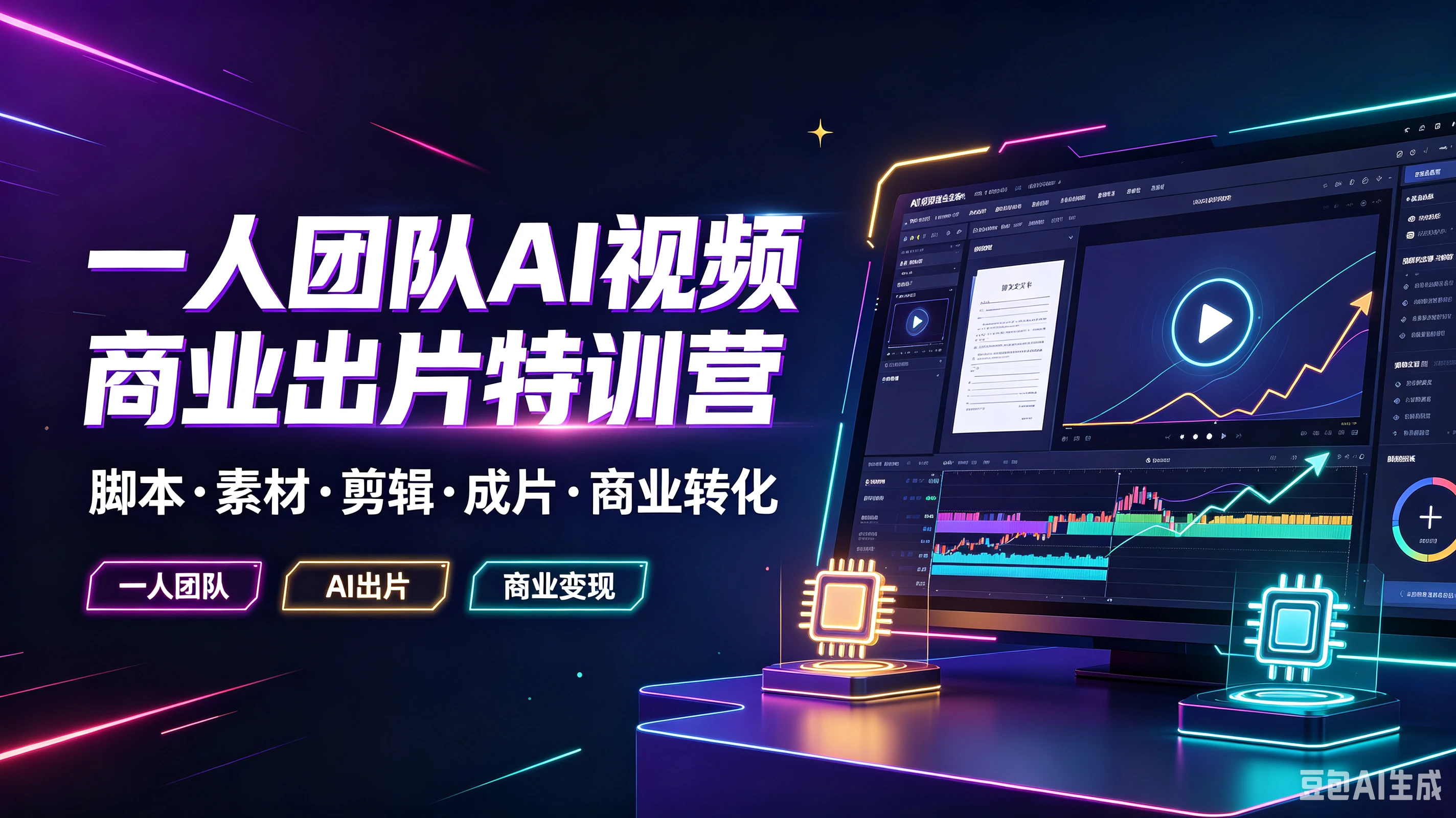 【精】一人团队AI视频商业出片特训营,脚本·素材·剪辑·成片·商业转化,一人团队、Al出片、商业变现-副业吧
