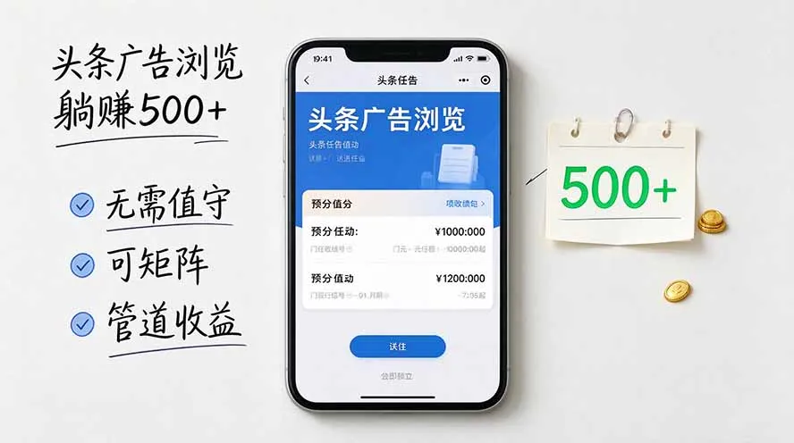 头条广告浏览躺赚500+无需值守,可矩阵并附有管道收益-副业吧