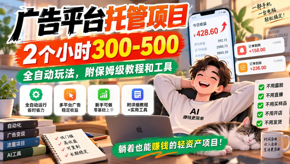 广告平台托管项目,2个小时300-500,全自动玩法,附保姆级教程和工具,小白照着就能做【揭秘】-副业吧