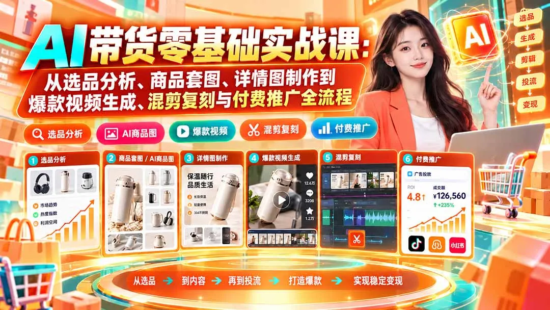 AI带货零基础实战课：从选品分析、商品套图、详情图制作到爆款视频生成、混剪复刻与付费推广全流程-副业吧