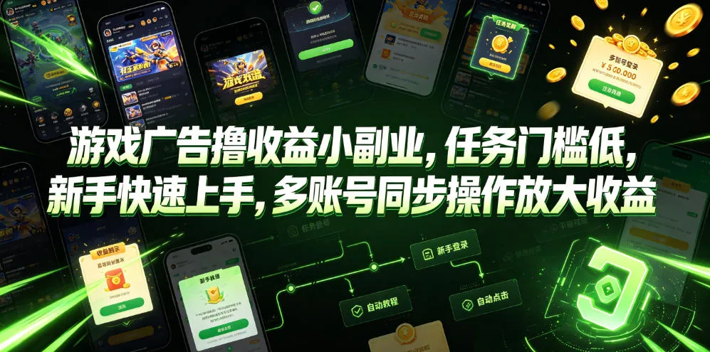 游戏广告撸收益小副业，任务门槛低，新手快速上手，多账号同步操作放大收益-副业吧