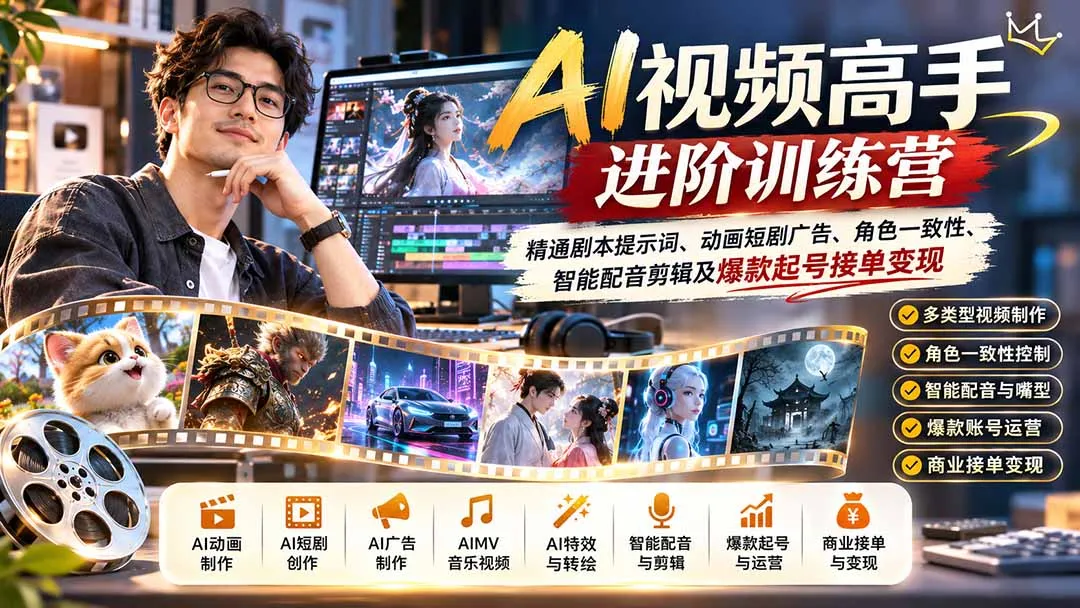 AI视频高手进阶训练营:精通剧本提示词、动画短剧广告、角色一致性、智能配音剪辑及爆款起号接单变现-副业吧