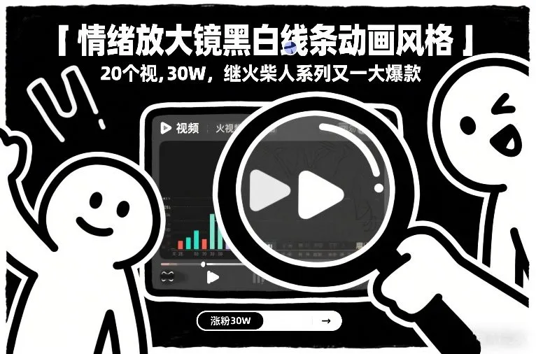 情绪放大镜黑白线条动画风格，20个视频，涨粉30W，继火柴人系列又一大爆款-副业吧