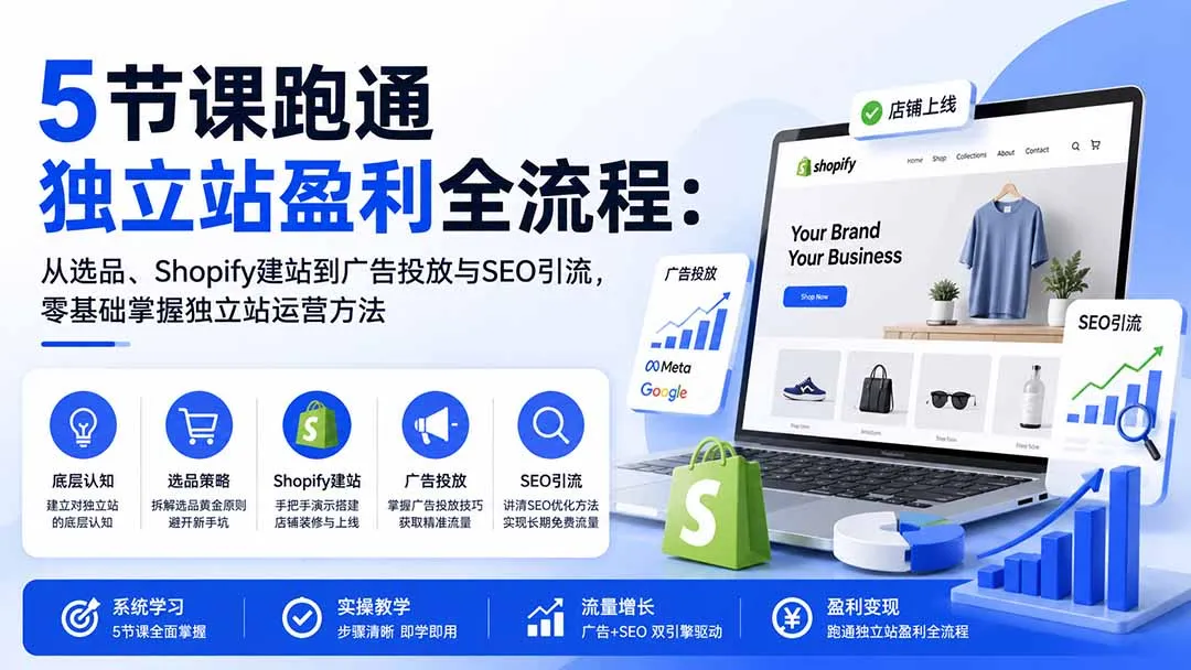 5节课跑通独立站盈利全流程：从选品、Shopify建站到广告投放与SEO引流，零基础掌握独立站运营方法-副业吧