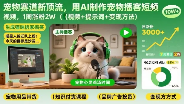 宠物赛道新顶流,用AI制作宠物播客短视频,1周涨粉2W(视频+提示词+变现方法)-副业吧