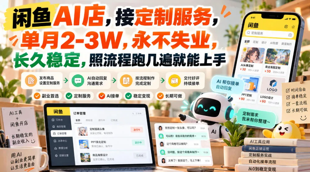 闲鱼AI店,接定制服务,单月2-3W,永不失业,长久稳定,照流程跑几遍就能上手-副业吧