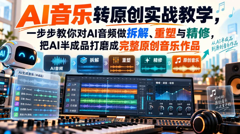 AI音乐转原创实战教学,一步步教你对AI音频做拆解、重塑与精修,把AI半成品打磨成完整原创音乐作品-副业吧