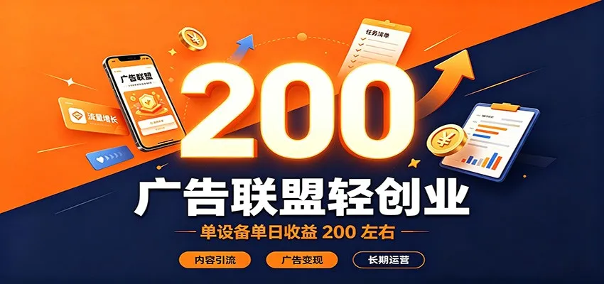 广告联盟轻创业,单设备单日收益200左右,内容引流广告变现长期运营-副业吧
