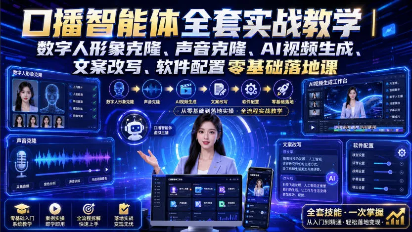 口播智能体全套实战教学|数字人形象克隆、声音克隆、AI视频生成、文案改写、软件配置零基础落地课-副业吧