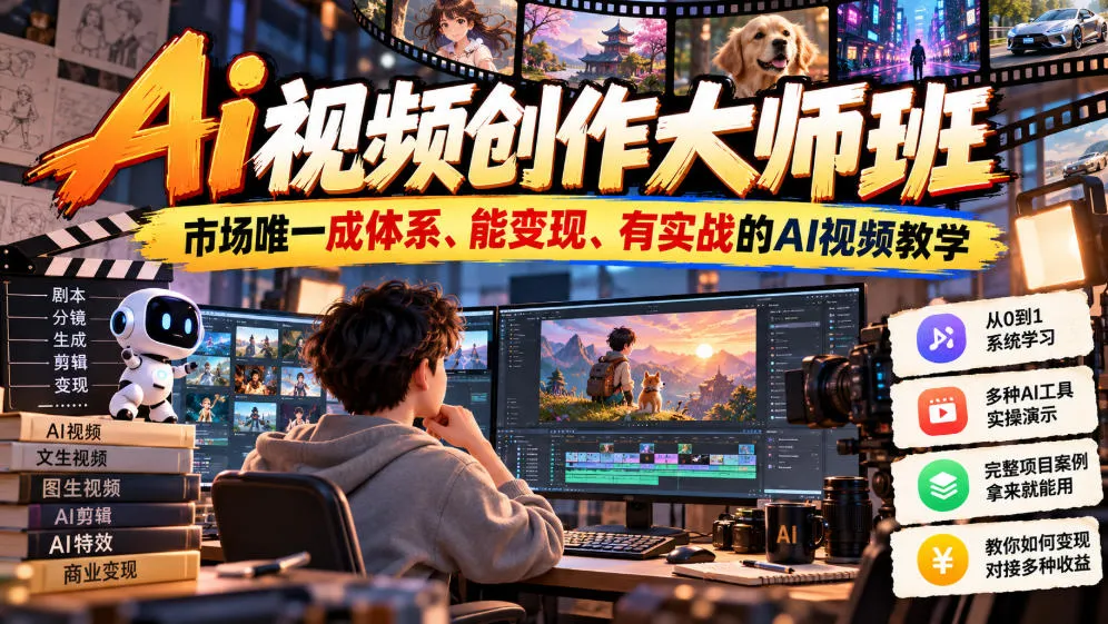 Ai视频创作大师班,市场唯一成体系、能变现、有实战的AI视频教学(更新2026)-副业吧