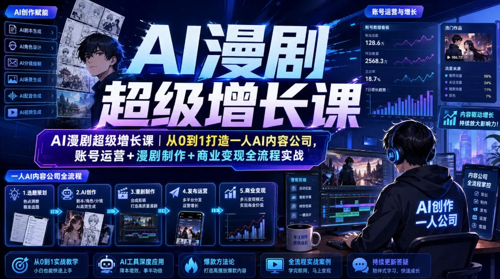 AI漫剧超级增长课|从0到1打造一人AI内容公司,账号运营+漫剧制作+商业变现全流程实战-副业吧