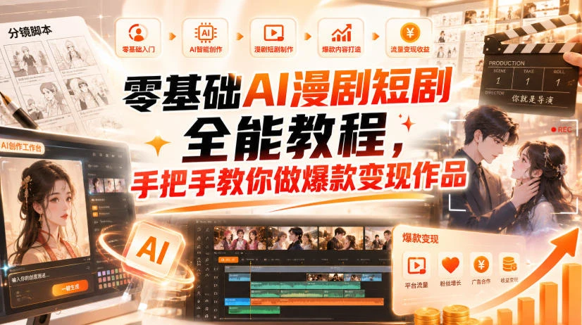 【精】零基础AI漫剧短剧全能教程,从AI智能体搭建、文案脚本分镜、多平台AI生视频、剪映精修,覆盖全题材创作,手把手教你做爆款变现作品-副业吧