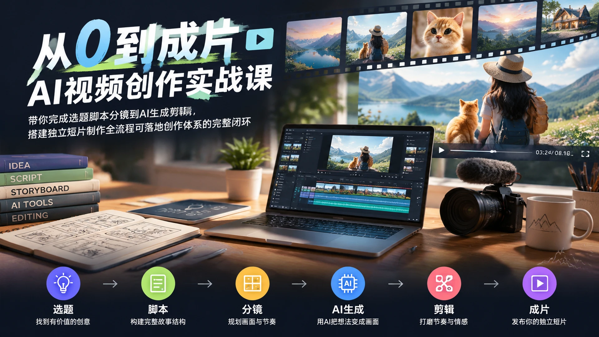 【精】从0到成片・AI视频创作实战课,带你完成选题脚本分镜到AI生成剪辑,搭建独立短片制作全流程可落地创作体系的完整闭环-副业吧