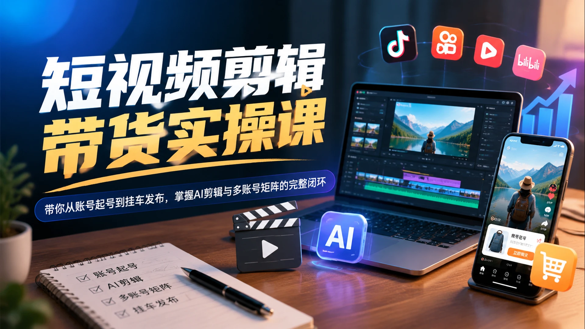 【精】短视频剪辑带货实操课，带你从账号起号到挂车发布，掌握AI剪辑与多账号矩阵的完整闭环-副业吧