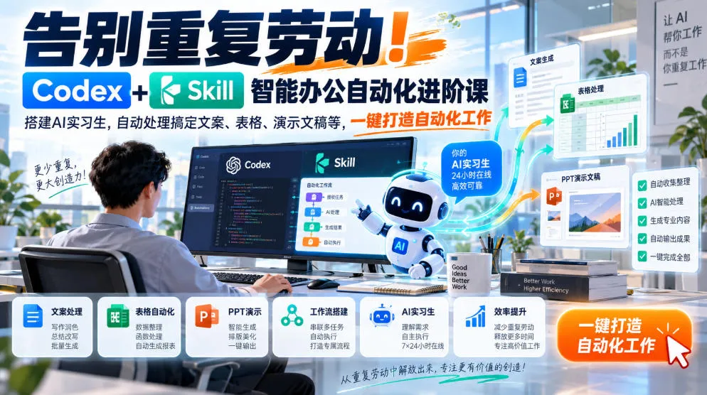 告别重复劳动!Codex+Skill智能办公自动化进阶课|搭建AI实习生,自动处理搞定文案、表格、演示文稿等,一键打造自动化工作-副业吧
