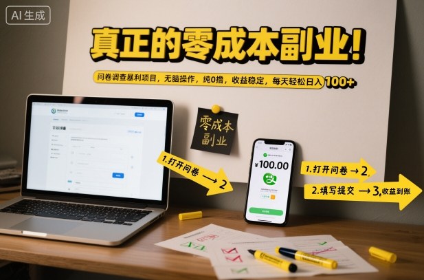 真正的零成本副业！问卷调查暴利项目，无脑操作，纯0撸，收益稳定，每天轻松日入100+【揭秘】-副业吧