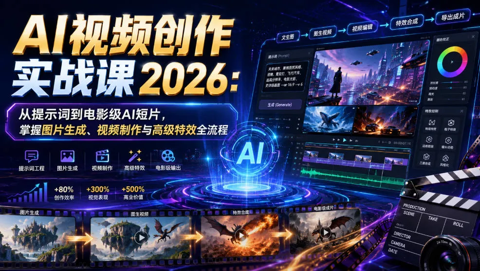 AI视频创作实战课2026:从提示词到电影级AI短片,掌握图片生成、视频制作与高级特效全流程-副业吧