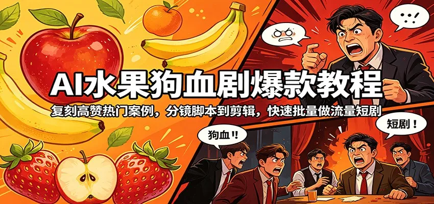 AI水果狗血剧爆款教程：复刻高赞热门案例，分镜脚本到剪辑，快速批量做流量短剧-副业吧