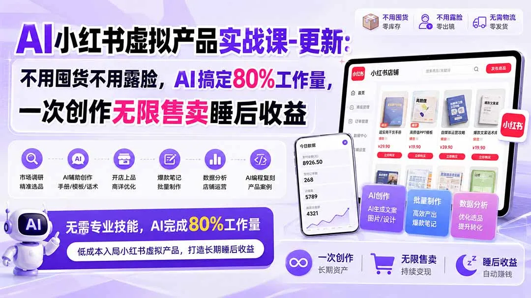 AI小红书虚拟产品实战课-更新1017：不用囤货不用露脸，AI搞定80%工作量，一次创作无限售卖睡后收益-副业吧