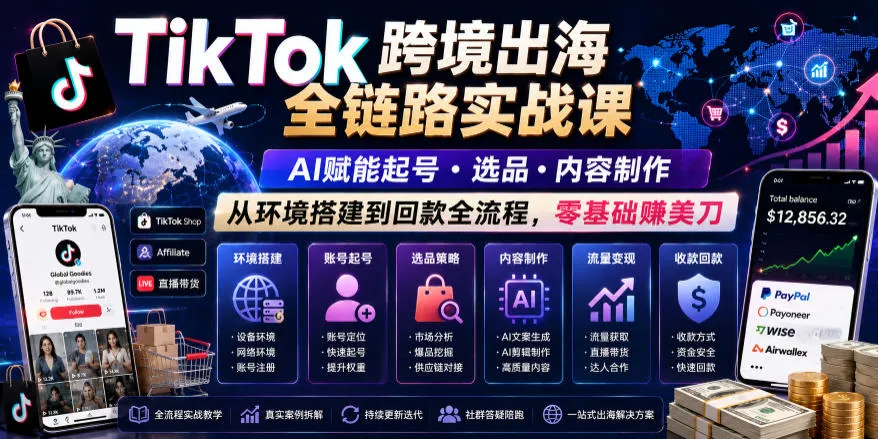 TikTok跨境出海全链路实战课，AI赋能起号・选品・内容制作，从环境搭建到回款全流程，零基础賺美刀-副业吧