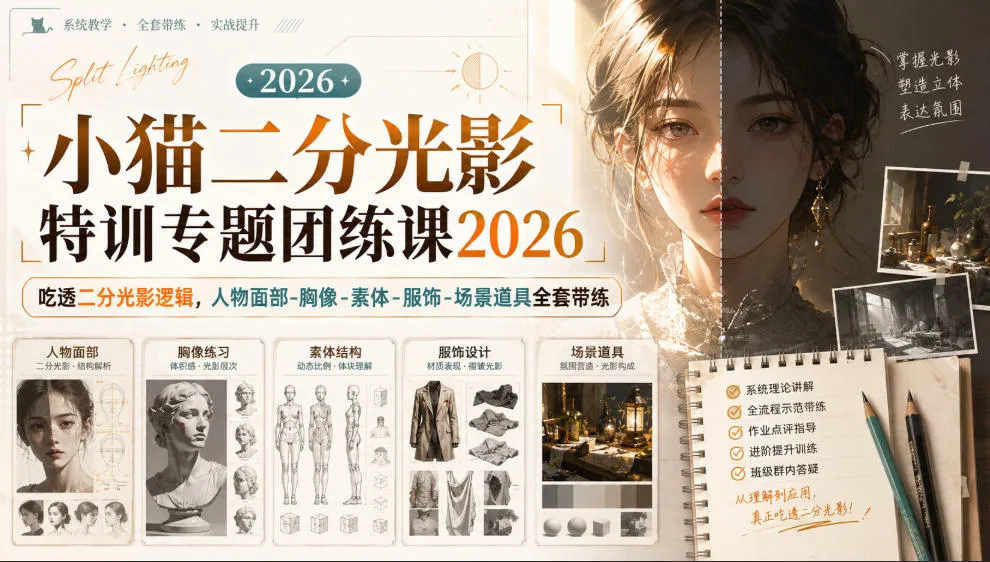小猫二分光影特训专题团练课2026|吃透二分光影逻辑,人物面部‑胸像‑素体‑服饰‑场景道具全套带练,高清画质附赠课件与笔刷-副业吧